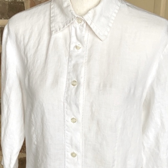 Vintage British Khaki White Linen Button Up Top Simple Classic 3/4 Sleeve Sz M - Picture 9 of 9